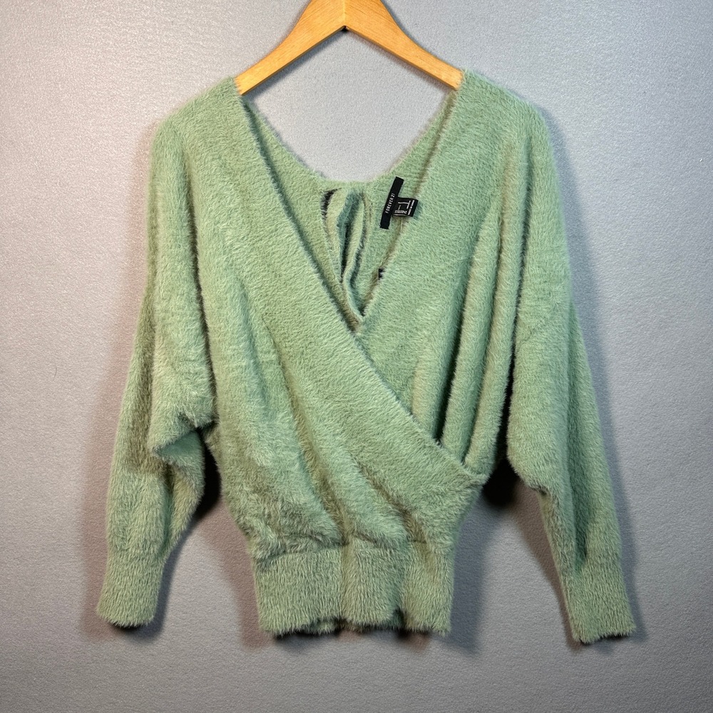 Forever 21 Knit Wrap Sweater Sage Cottagecore Tie Back Elastic Waist Small